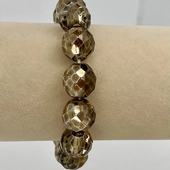 Faceted Czech Glass Fire Polished Gray Gold Crystal Chunky Bead Stretch Bracelet - Picture 3 of 16